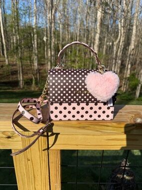 Betsey Johnson Pink & Brown Polka Dot Mini Top-Handle Bag with 2 Heart Charms
